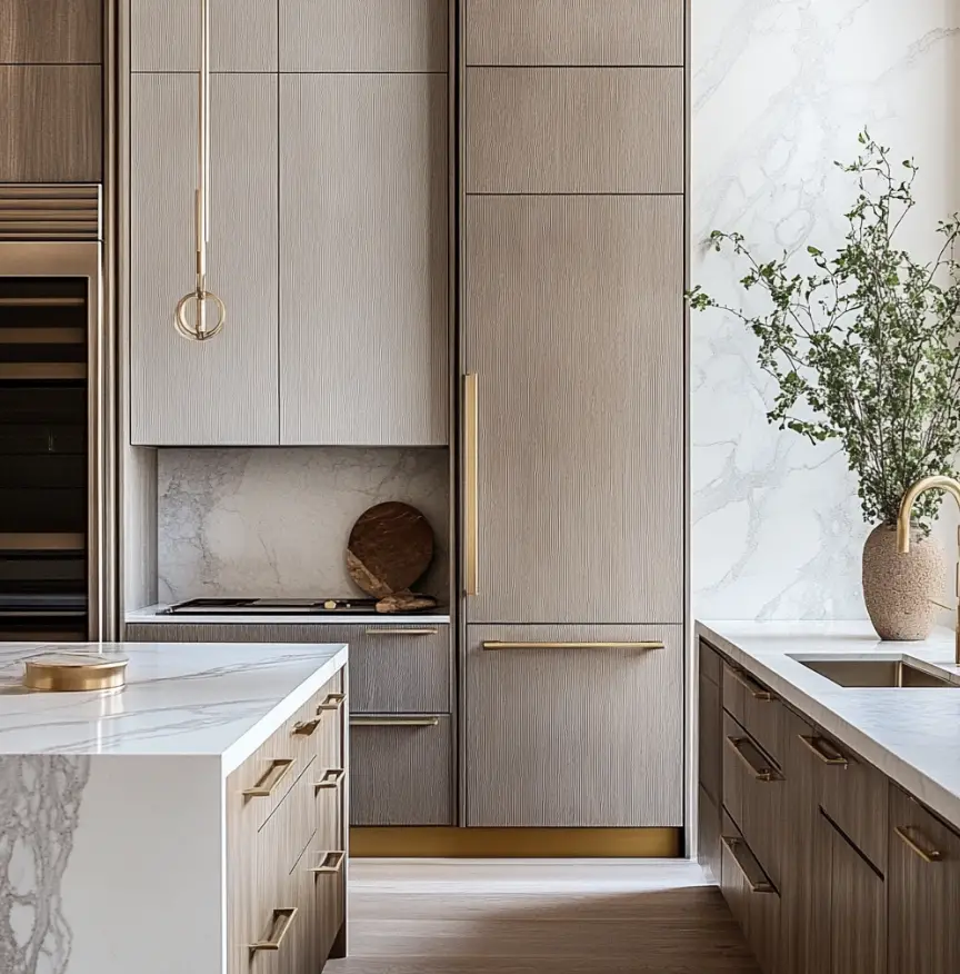 A neutral color kitchen with tall cabinets.